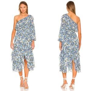 MISA Los Angeles x REVOLVE Vola Dress Flora Azulia Ome Shoulder Blue Metallic XS